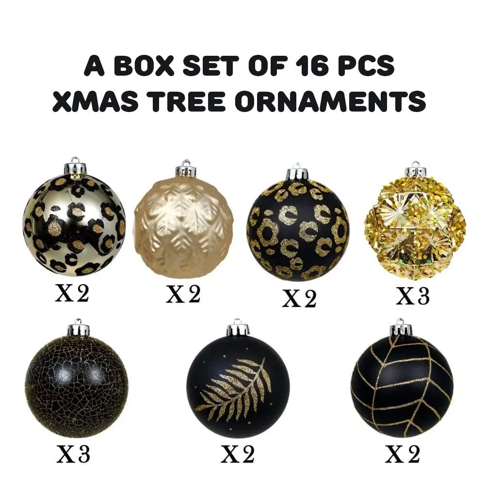 16pcs Black and Gold theme Shimmer Christmas Ball Tree ornaments XMAS Decoration Set