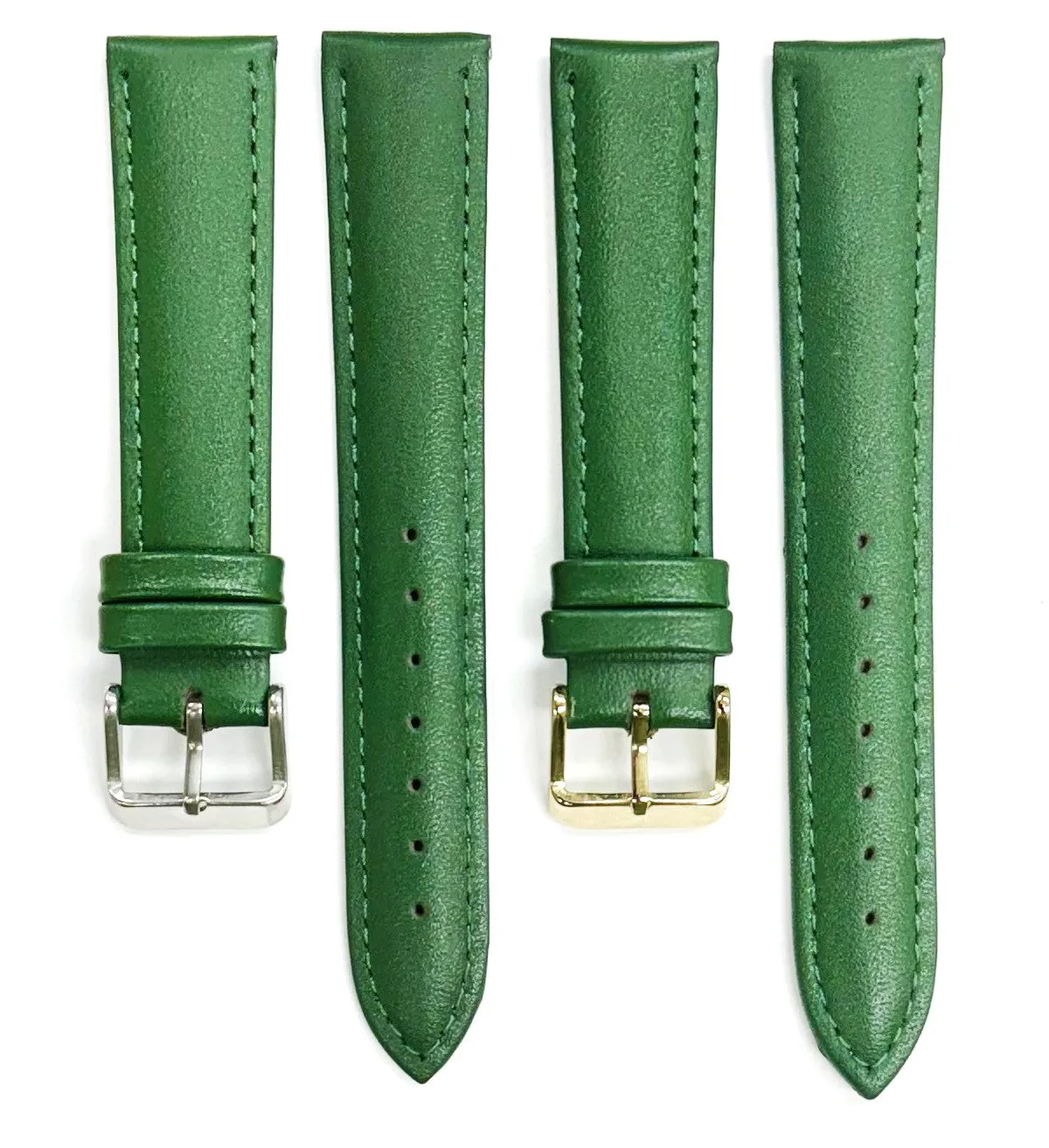 18mm Italian Genuine Leather Plain Dark Green, Padded & Stitched Watch Band