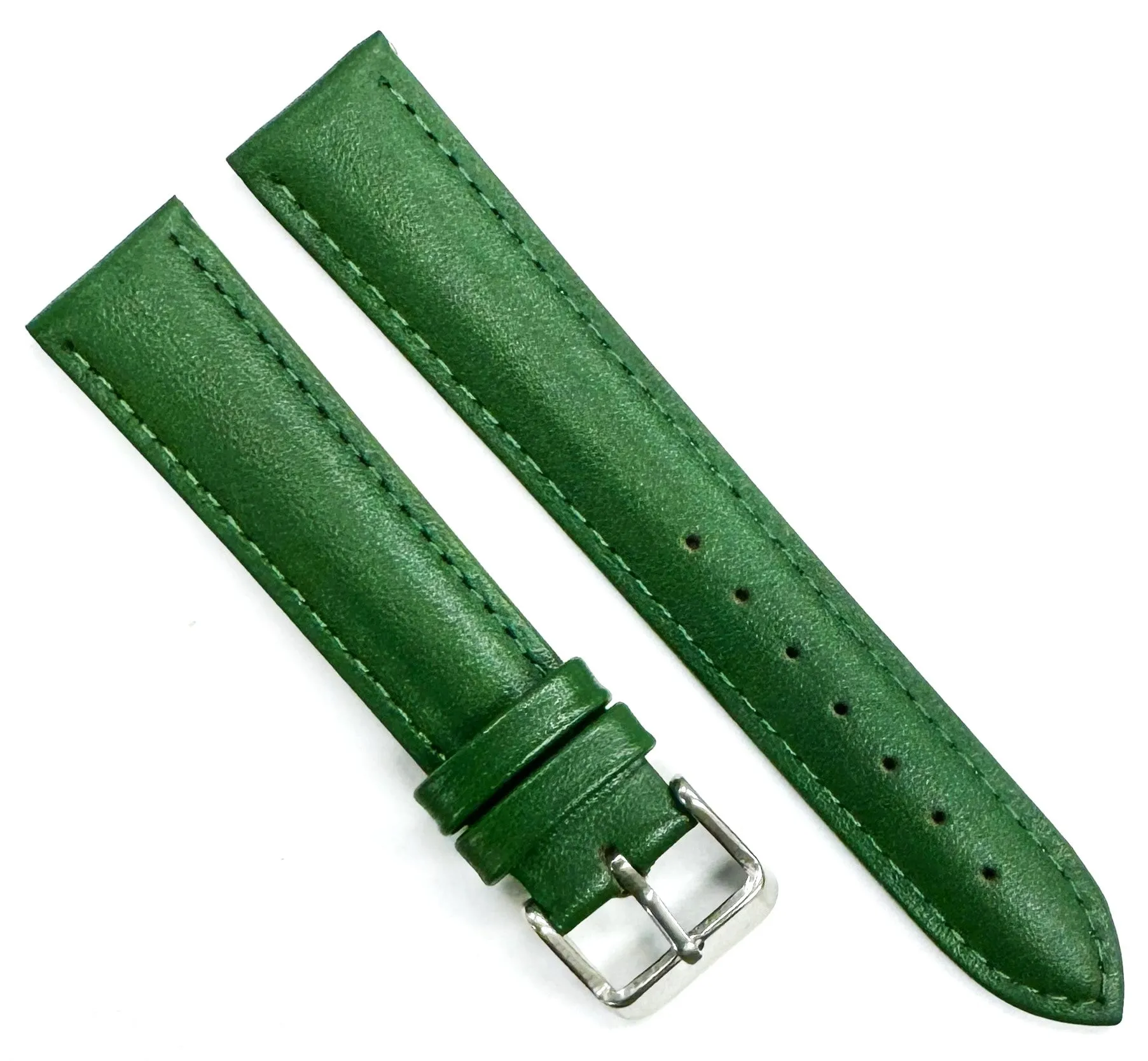 18mm Italian Genuine Leather Plain Dark Green, Padded & Stitched Watch Band