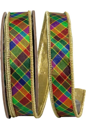 1" Plaid Metallic Jewel Tone Ribbon: Multi (5 Yards)