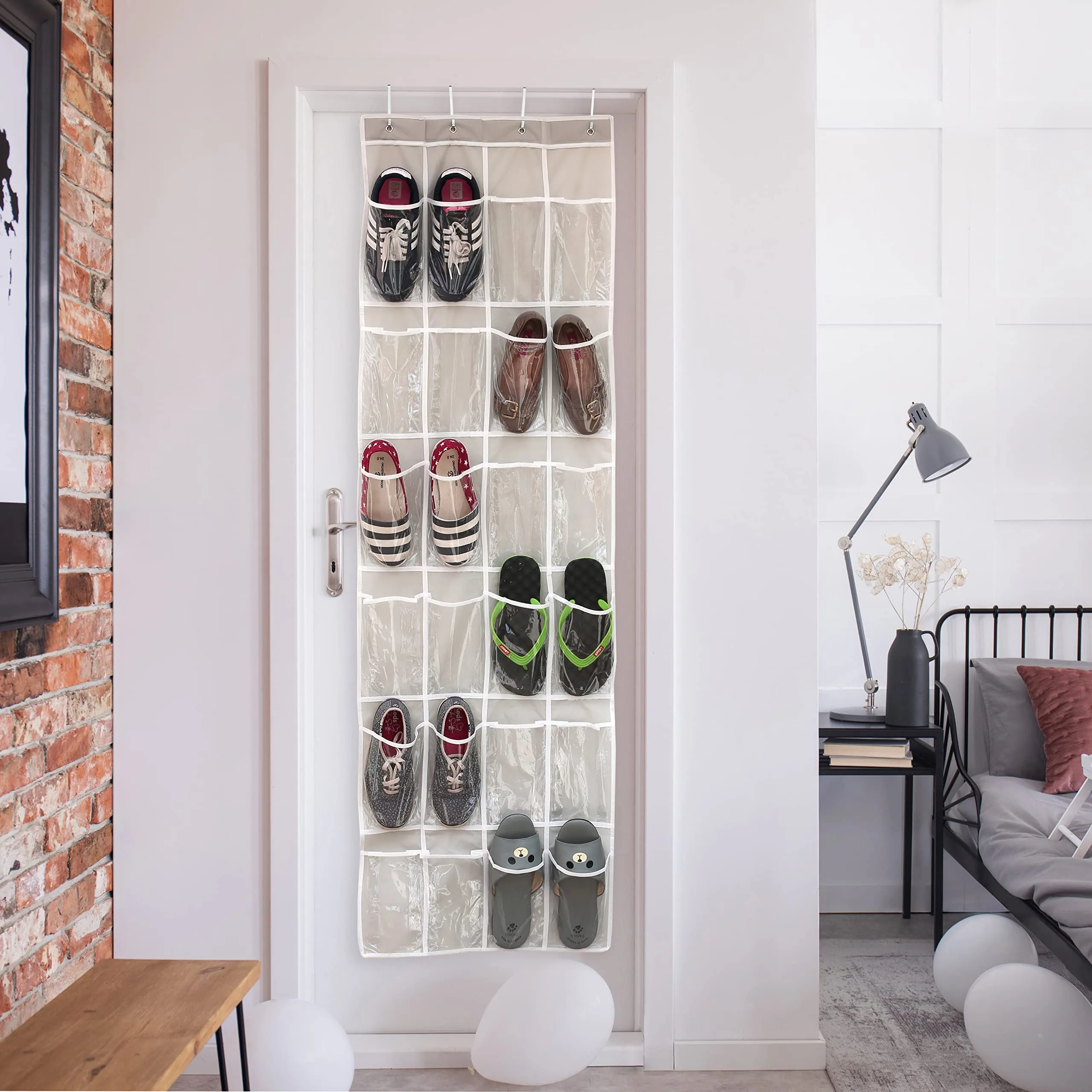 24 Pockets - SimpleHouseware Crystal Clear Over The Door Hanging Shoe Organizer, Gray (64'' x 19'')