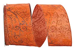 2.5" Orange Glitter Swirl Wired Edge Ribbon- 10 Yards