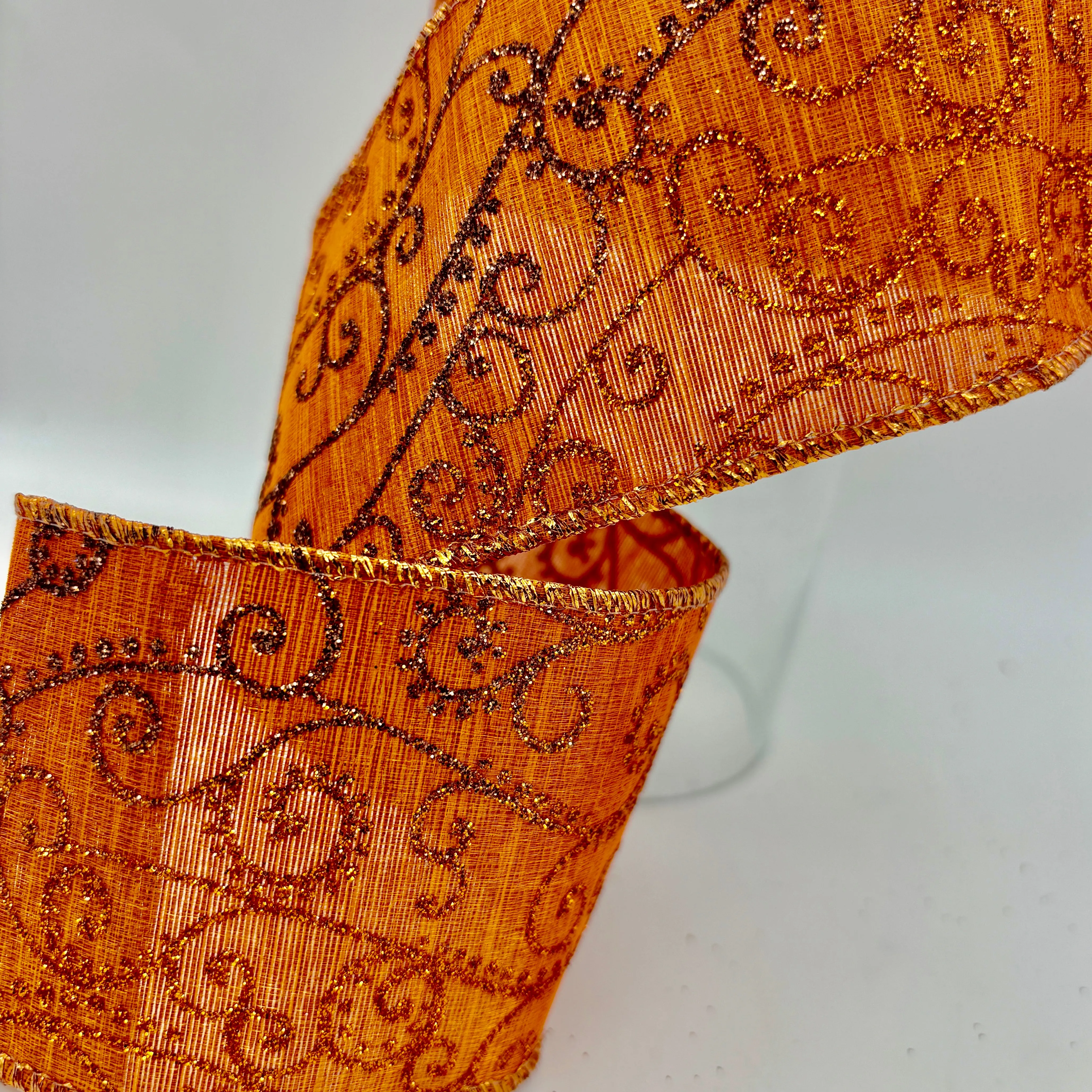 2.5" Orange Glitter Swirl Wired Edge Ribbon- 10 Yards