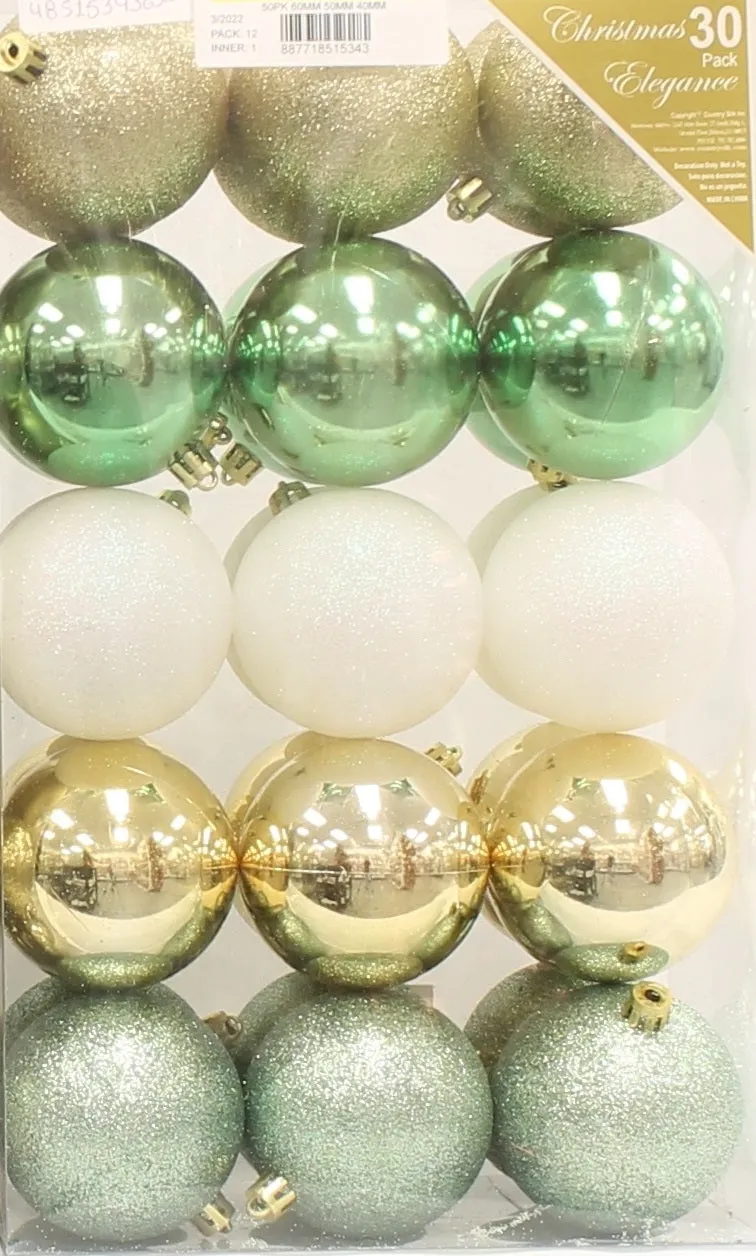 30-Pack of 70MM Christmas Ornaments (Gold/Green/White)