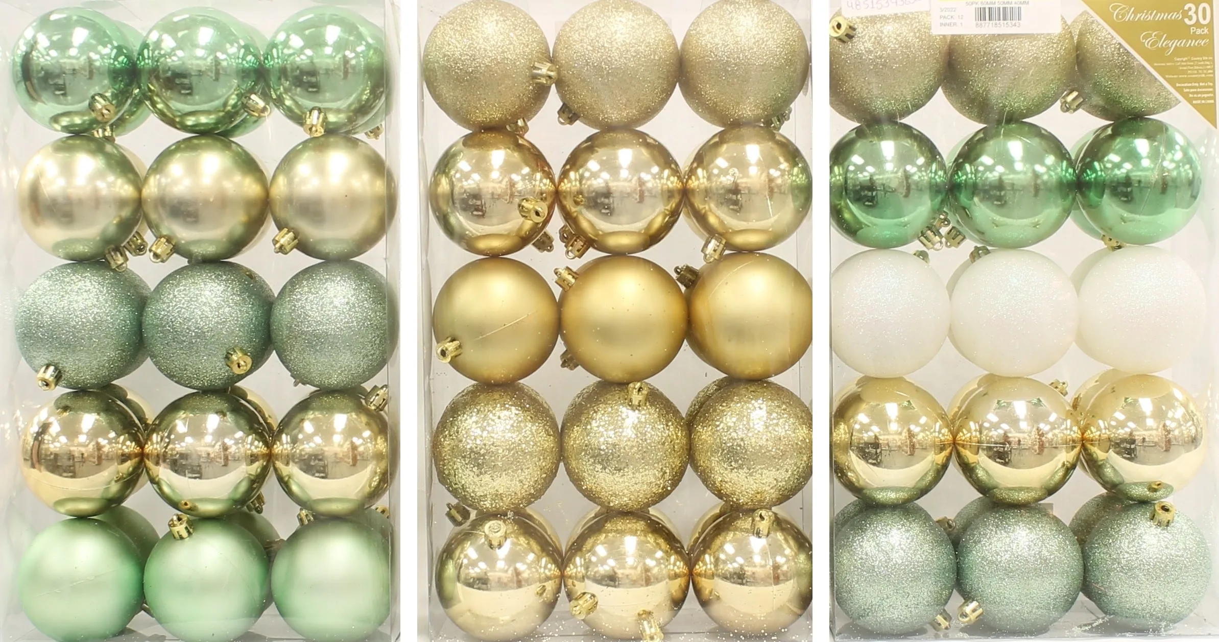 30-Pack of 70MM Christmas Ornaments (Gold/Green/White)