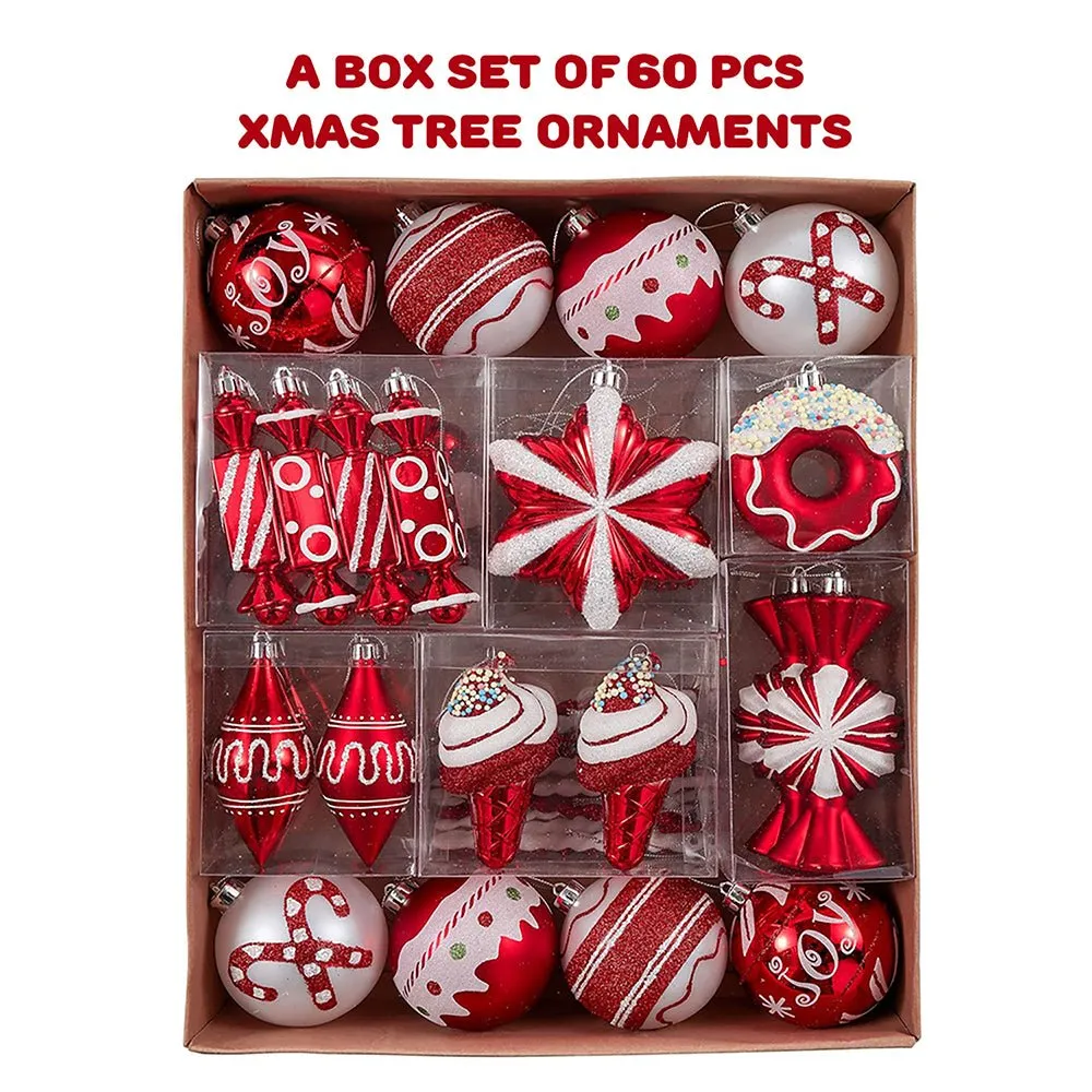 60 pcs Red & White Candy Donuts theme, Christmas Ball Tree ornaments XMAS Decoration Set