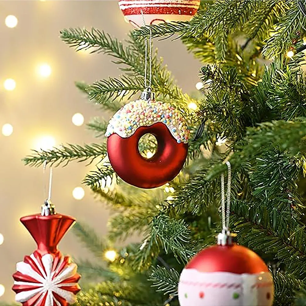 60 pcs Red & White Candy Donuts theme, Christmas Ball Tree ornaments XMAS Decoration Set