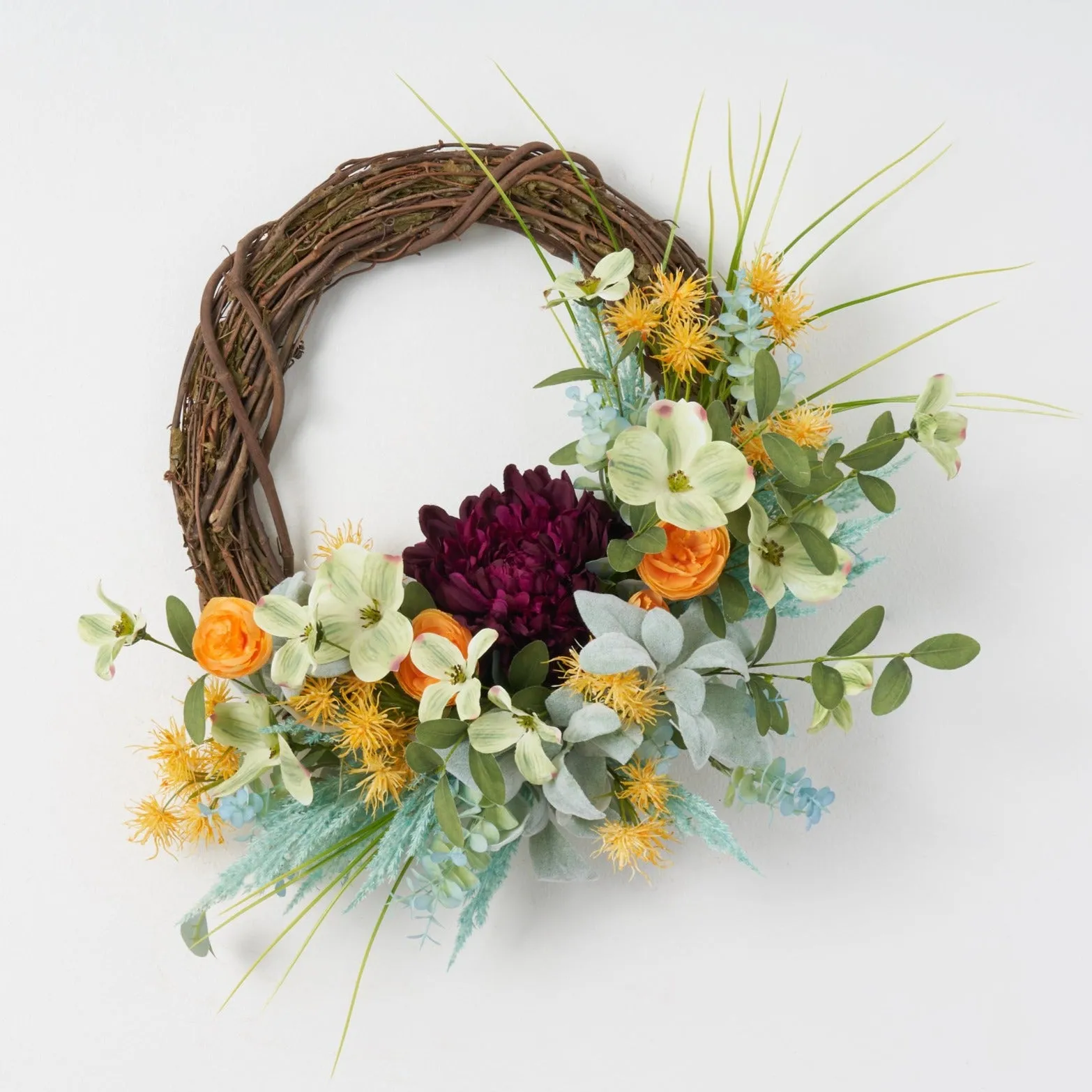 A Giant Plum Mum with Green Dogwood & Yellow Witch Hazel Spring Front Door Easter Wreath