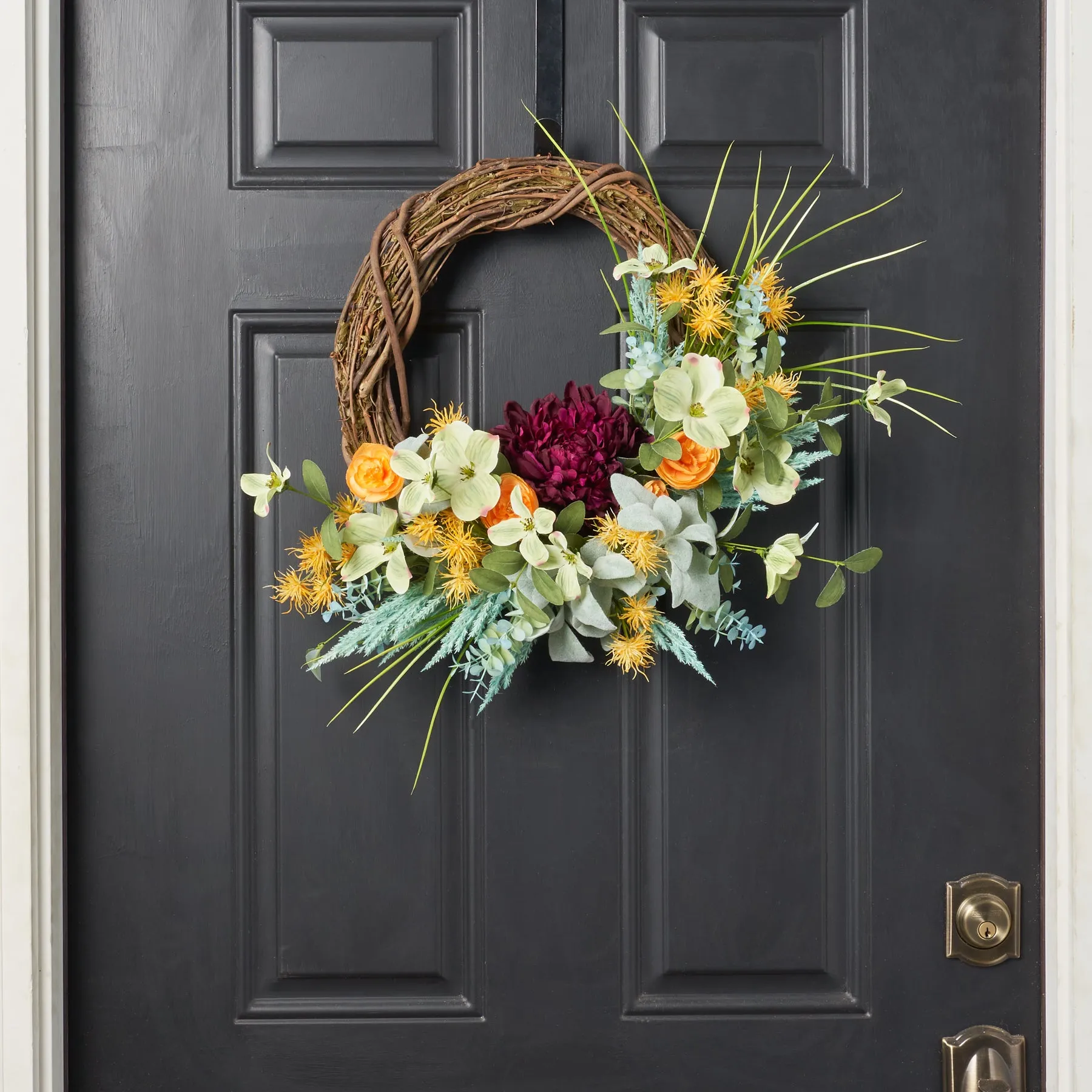 A Giant Plum Mum with Green Dogwood & Yellow Witch Hazel Spring Front Door Easter Wreath