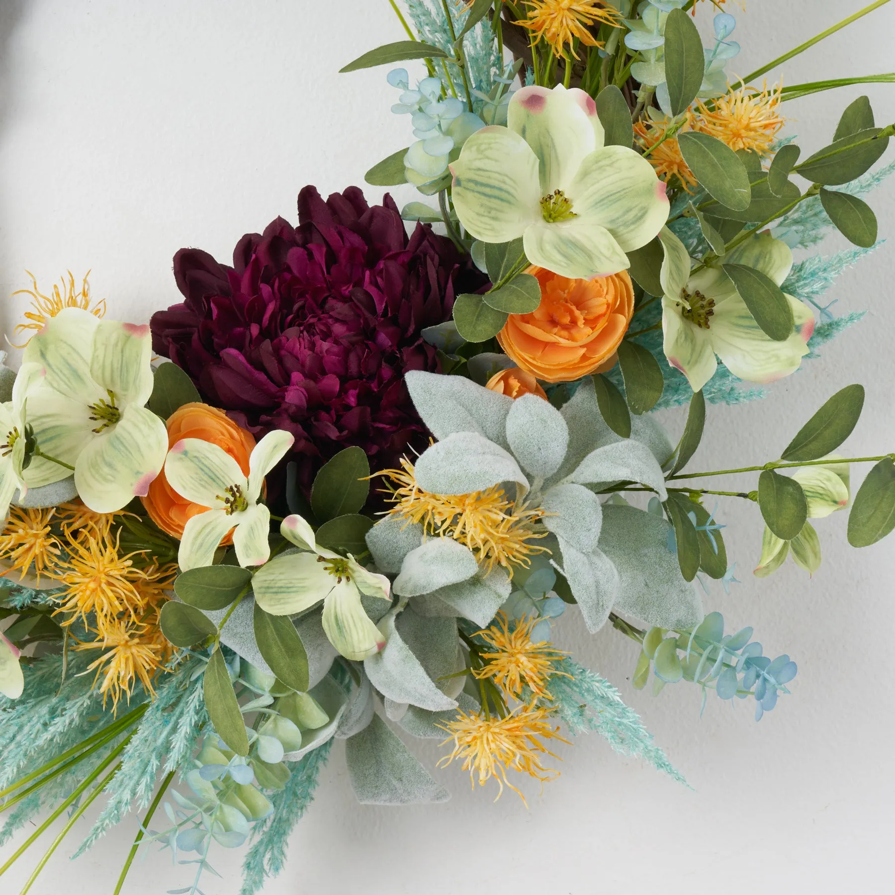 A Giant Plum Mum with Green Dogwood & Yellow Witch Hazel Spring Front Door Easter Wreath