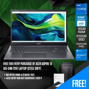 Acer Aspire 15 A15-51M-72H7 Laptop (Steel Grey) | 15.6" FHD (1920x1080) | i7-150U | 16GB RAM | 512GB SSD | Intel Graphics | Windows 11 Home | MS Office Home & Student 2021 | Acer Entry Run Rate Backpack E-1620-P