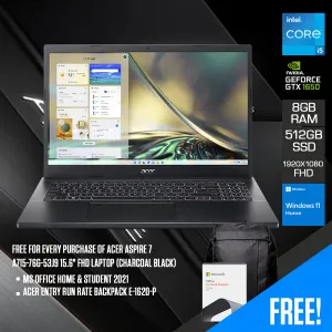 Acer Aspire 7 A715-76G-53J9 Laptop (Charcoal Black) | 15.6" FHD 1920 x 1080 |  i5-12450H | 8GB RAM | 512 SSD | GTX 1650 | Windows 11 Home | MS Office Home & Student 2021 | Acer Entry Run Rate Backpack E-1620-P