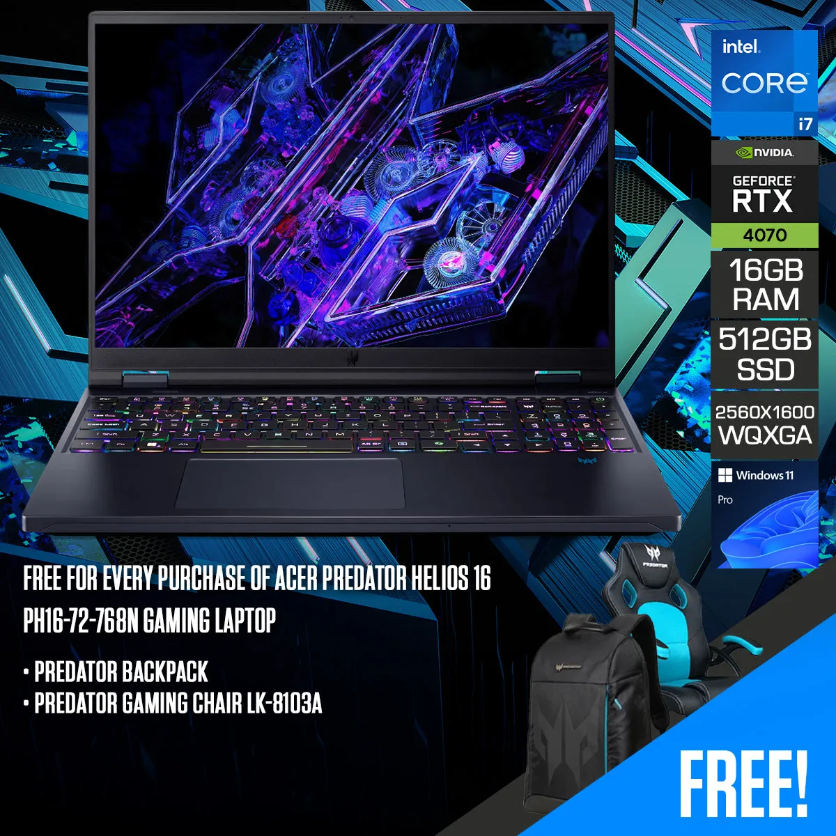 Acer Predator Helios 16 PH16-72-768N Gaming Laptop | 16" WQXGA (2560x1600) 240Hz | i7-14700HX | 16GB RAM | 512GB SSD | RTX 4070 | Windows 11 Pro | Predator Backpack   Predator Gaming Chair LK-8103A