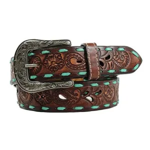 Angel Ranch Women's Turquoise Buck Stitch & Floral Cutout Western Belt