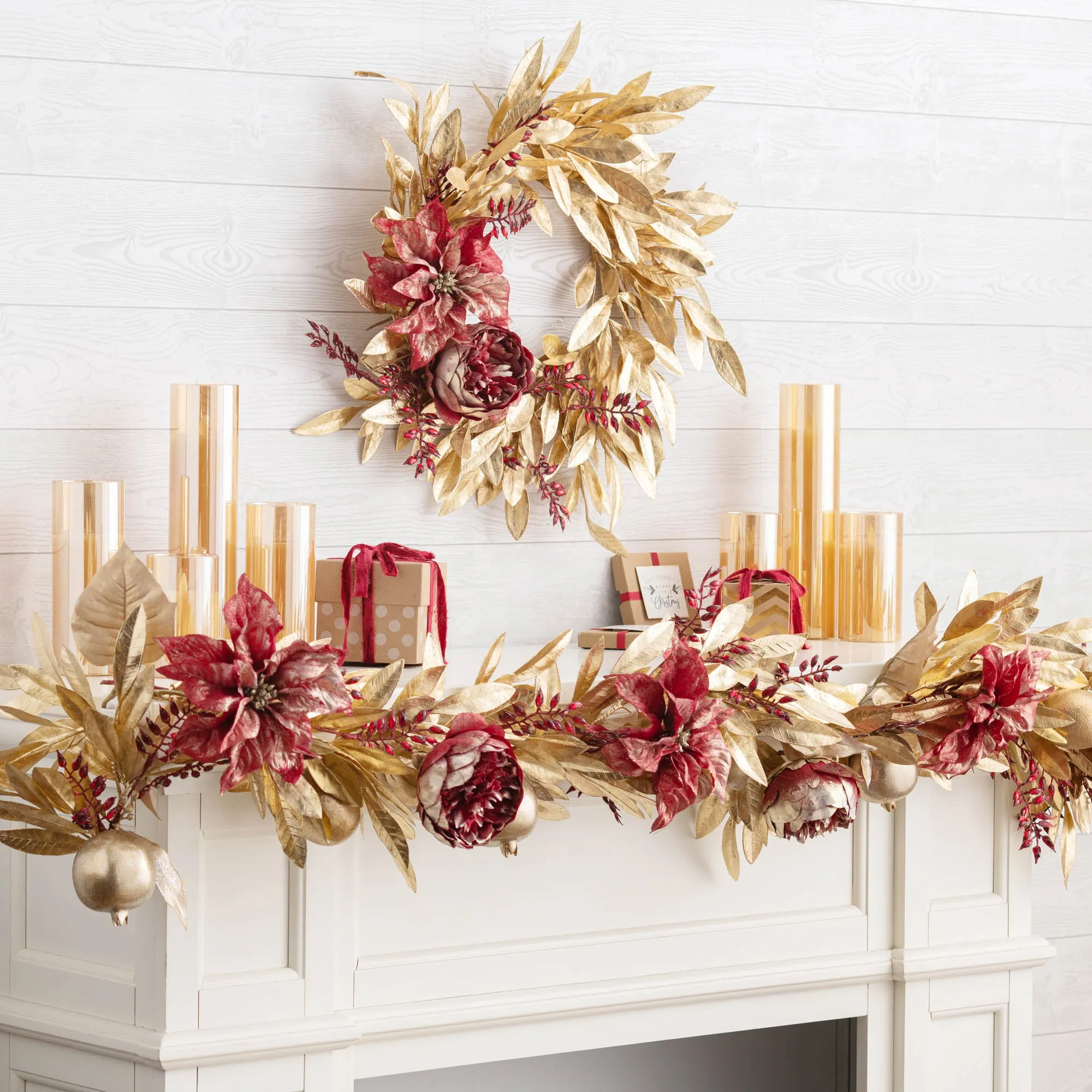 Aurelian Noel - Gold Bay Leaf Ruby Gemstone & Shimmer Poinsettia Christmas Front Door Mantel Wreath