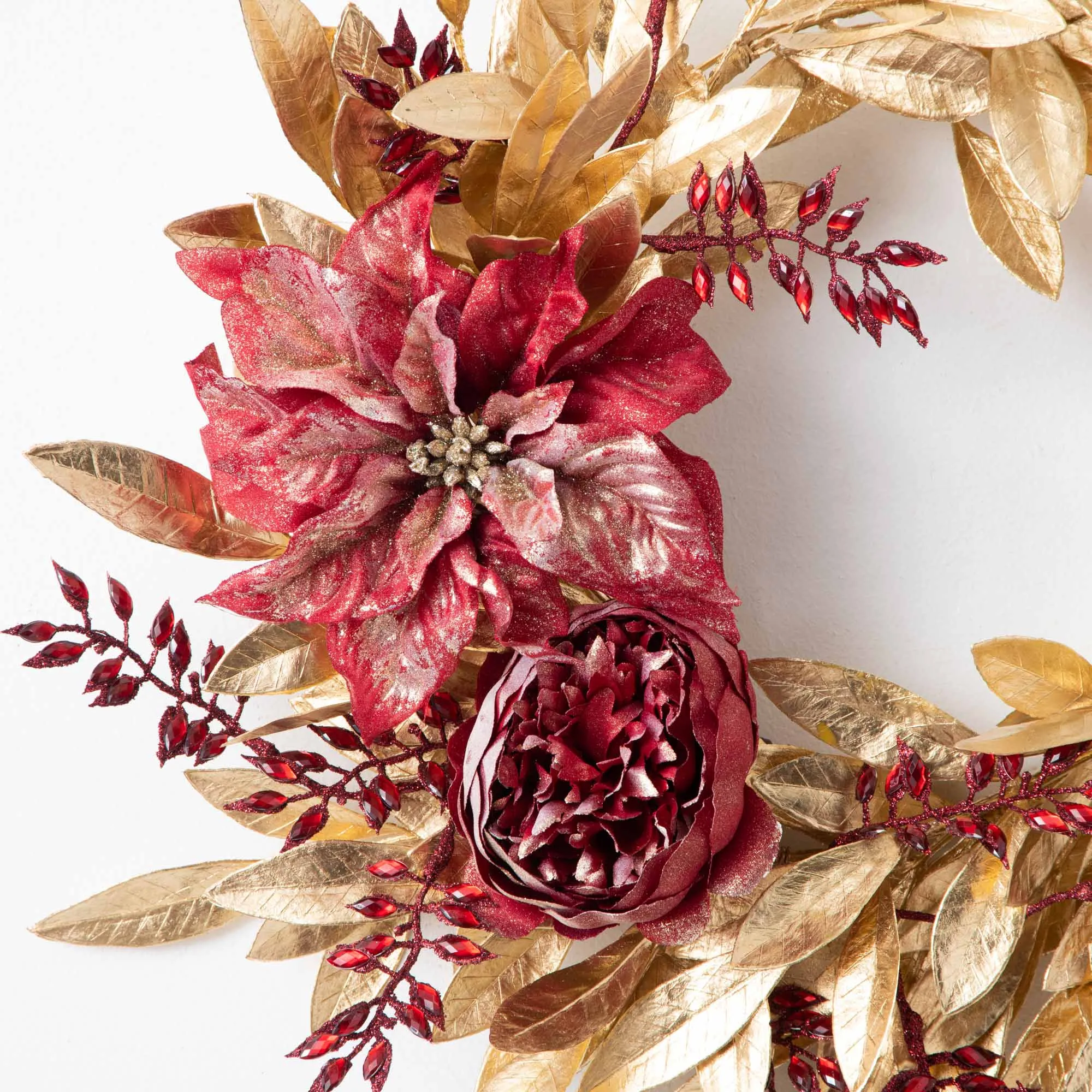 Aurelian Noel - Gold Bay Leaf Ruby Gemstone & Shimmer Poinsettia Christmas Front Door Mantel Wreath