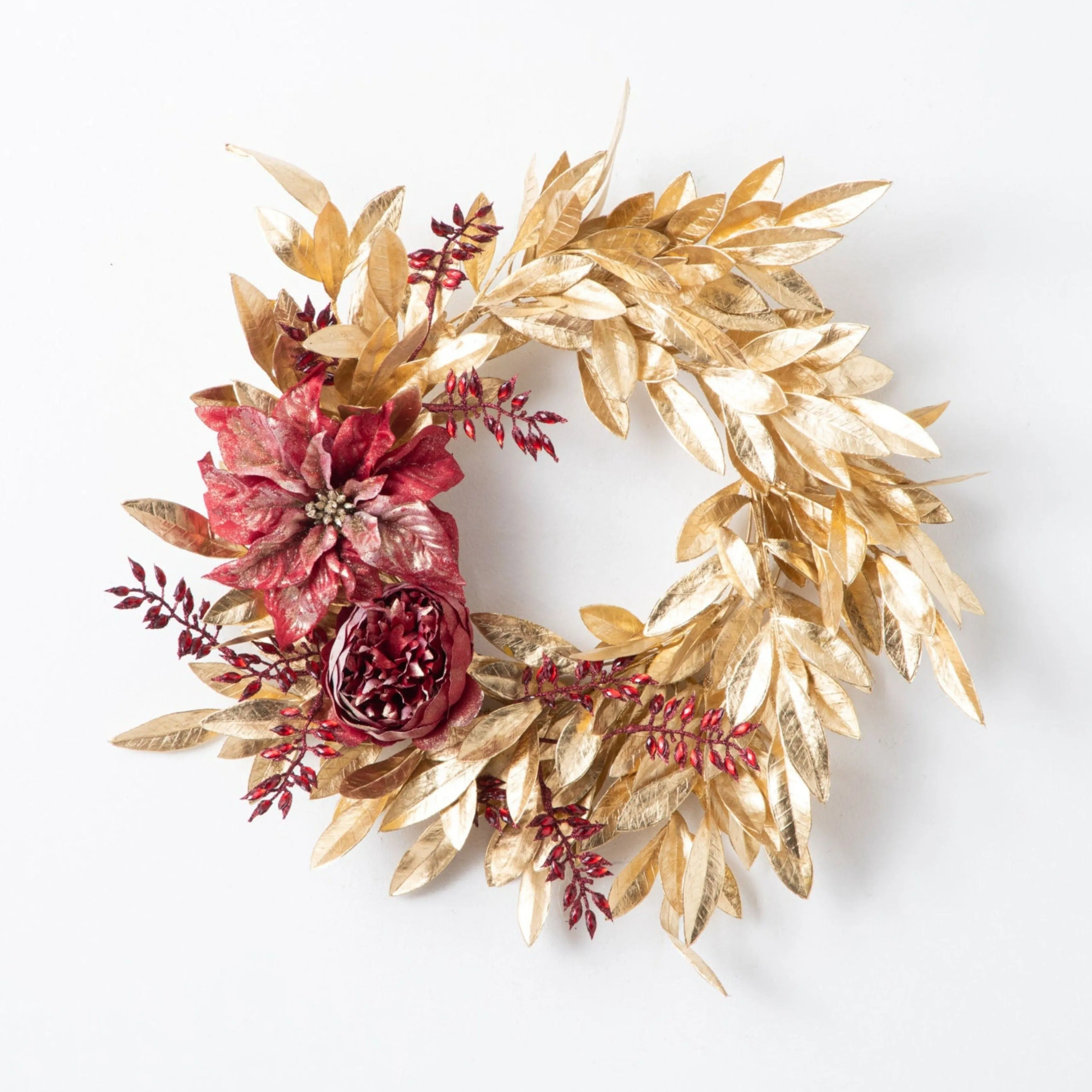 Aurelian Noel - Gold Bay Leaf Ruby Gemstone & Shimmer Poinsettia Christmas Front Door Mantel Wreath