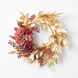 Aurelian Noel - Gold Bay Leaf Ruby Gemstone & Shimmer Poinsettia Christmas Front Door Mantel Wreath