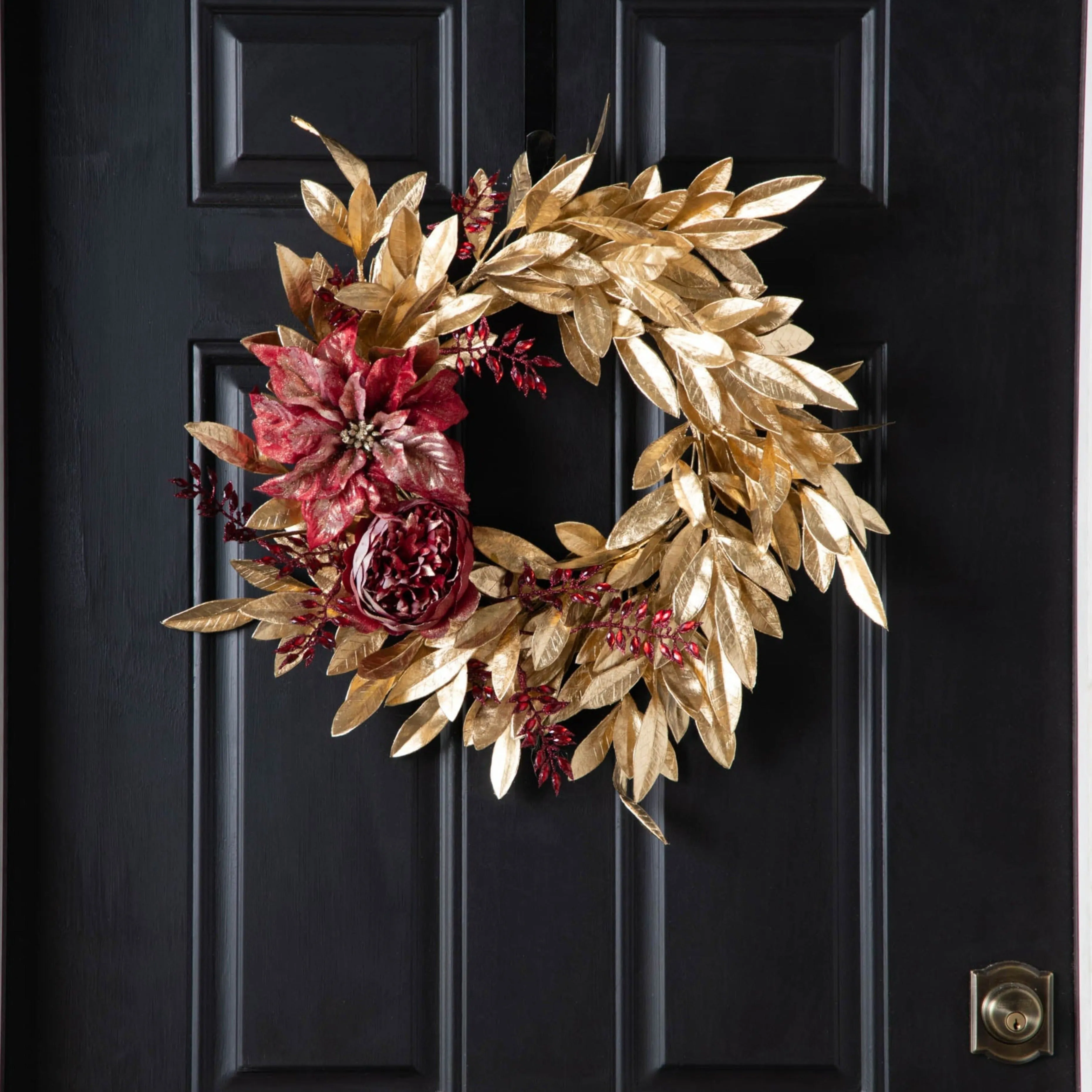 Aurelian Noel - Gold Bay Leaf Ruby Gemstone & Shimmer Poinsettia Christmas Front Door Mantel Wreath