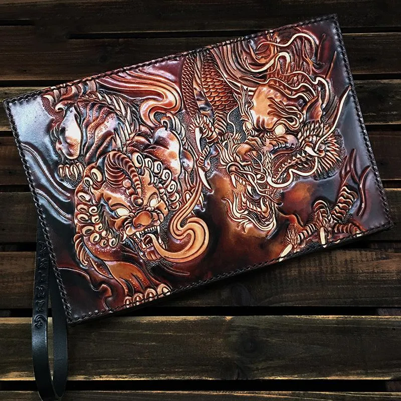 Black Handmade Tooled Leather Lion Chinese Dragon Clutch Wallet Wristlet Bag Clutch Purse For Men