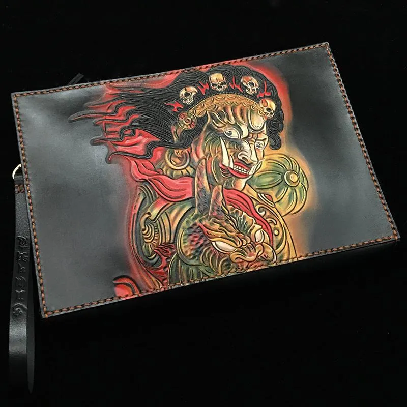 Black Handmade Tooled Leather Lion Chinese Dragon Clutch Wallet Wristlet Bag Clutch Purse For Men