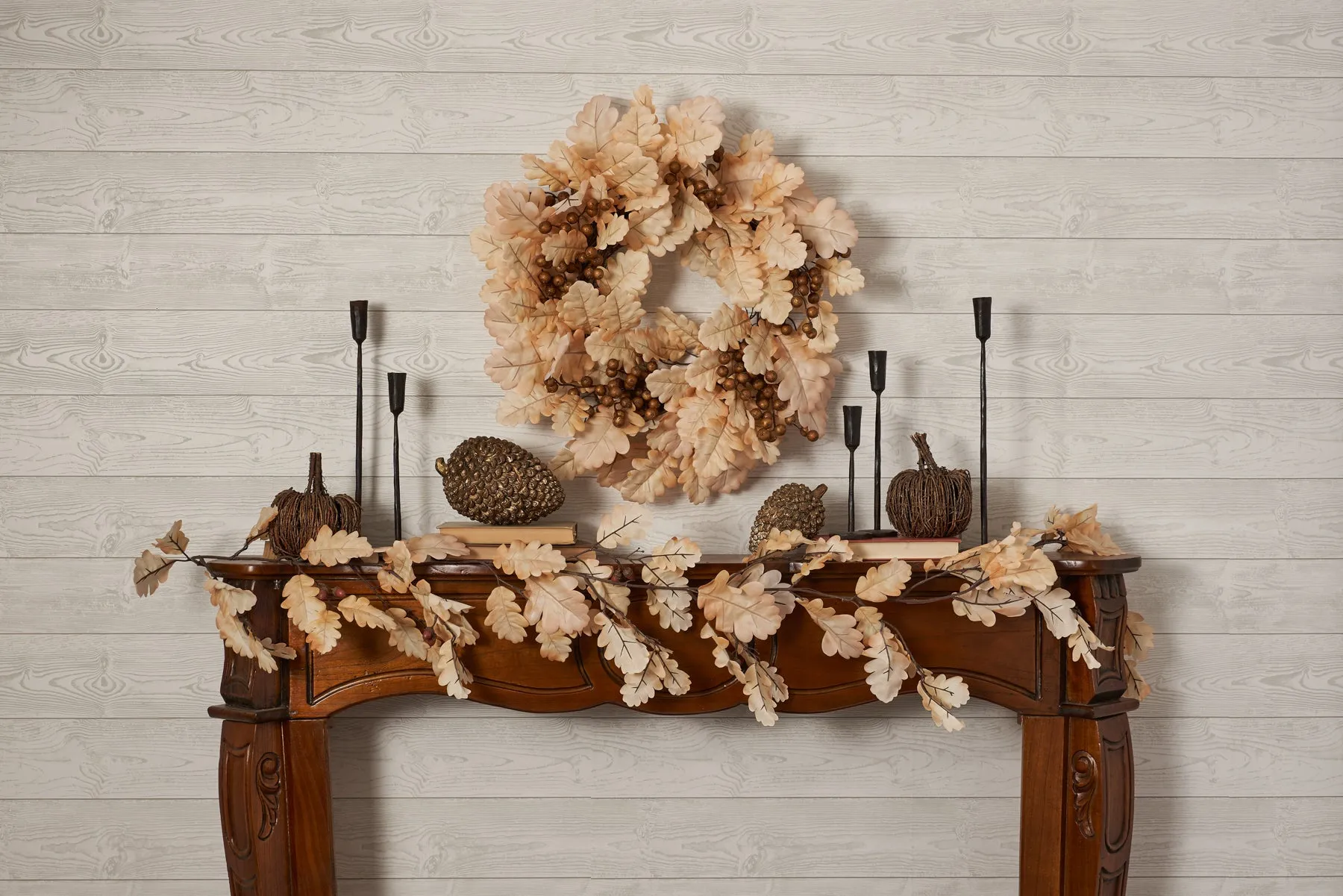 Bleached Cream Oak Leaf & Toffee Brown Berry Fall Autumn Mantel Front Door Wreath