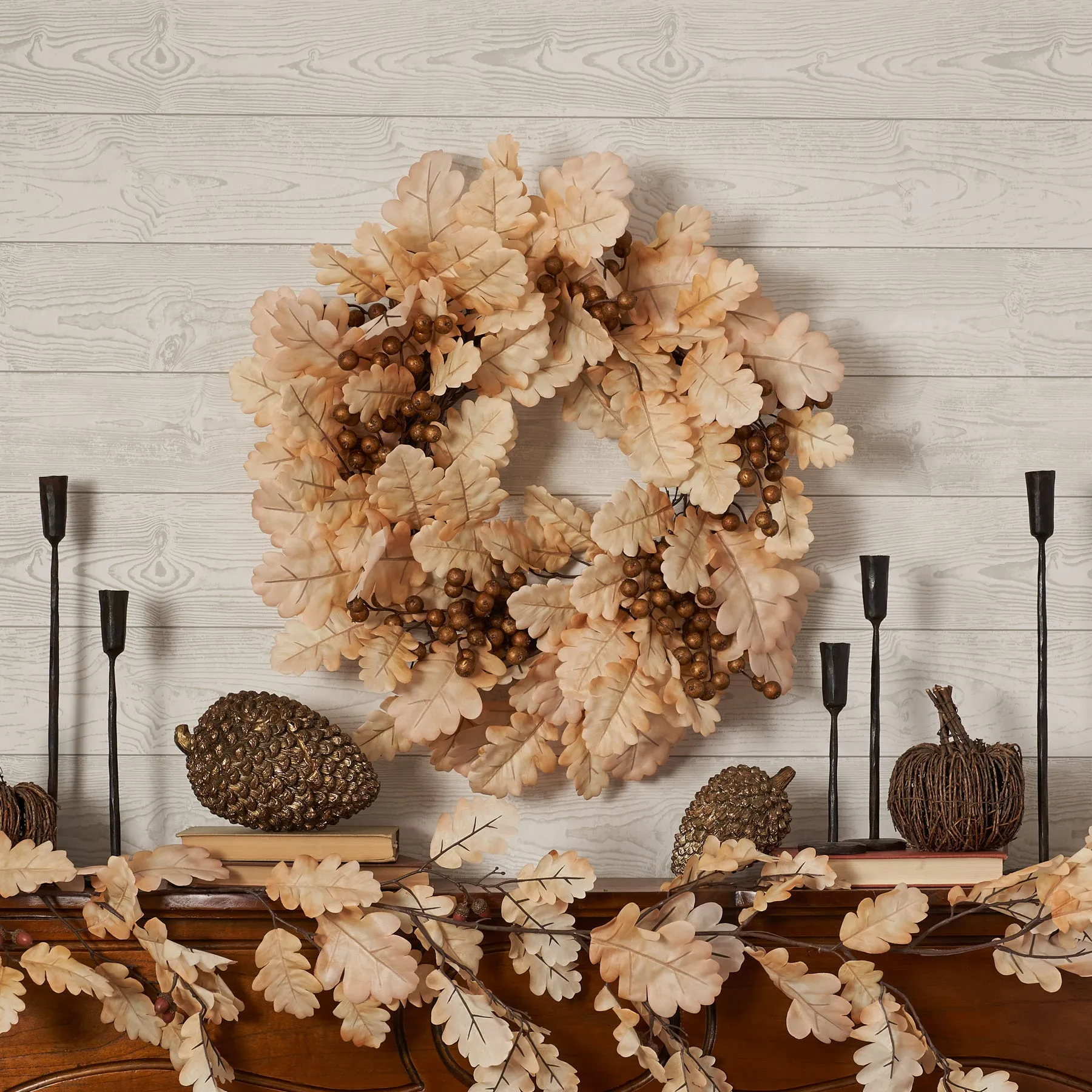 Bleached Cream Oak Leaf & Toffee Brown Berry Fall Autumn Mantel Front Door Wreath