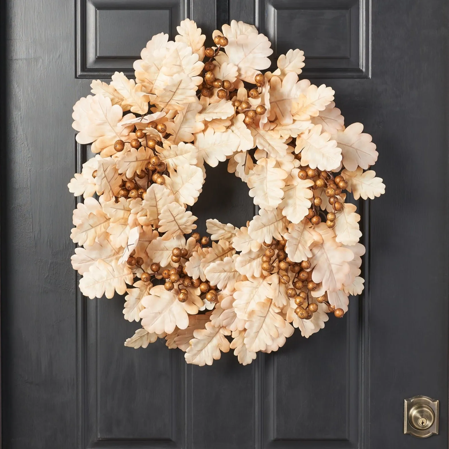 Bleached Cream Oak Leaf & Toffee Brown Berry Fall Autumn Mantel Front Door Wreath