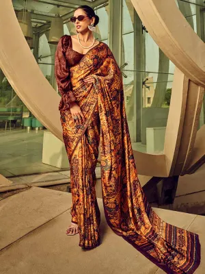 Brown Printed Silk Saree