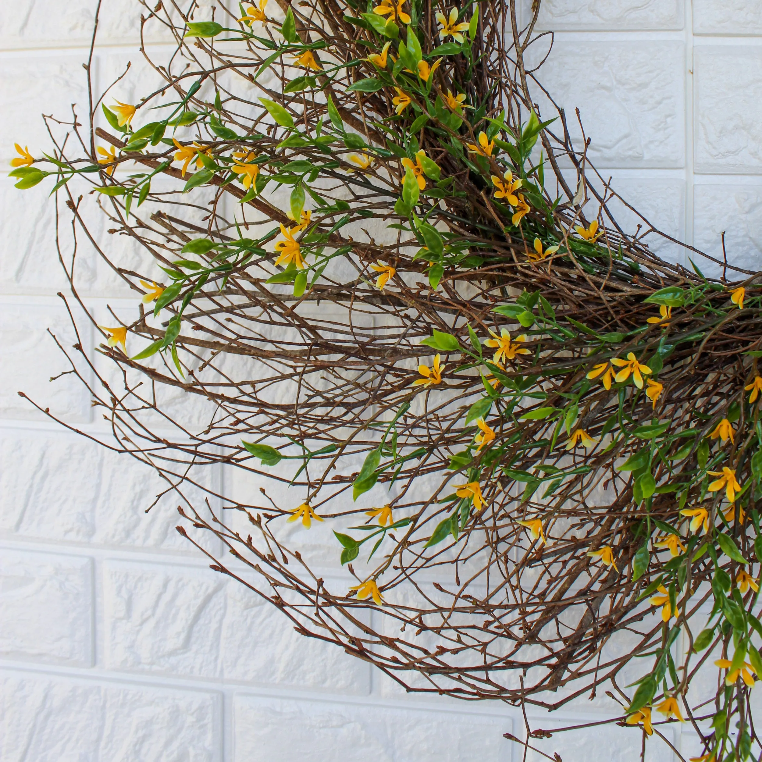 Budding Leaf Branches With Mini Yellow Starflowers On Wispy Twig Base Everyday Spring Wreath