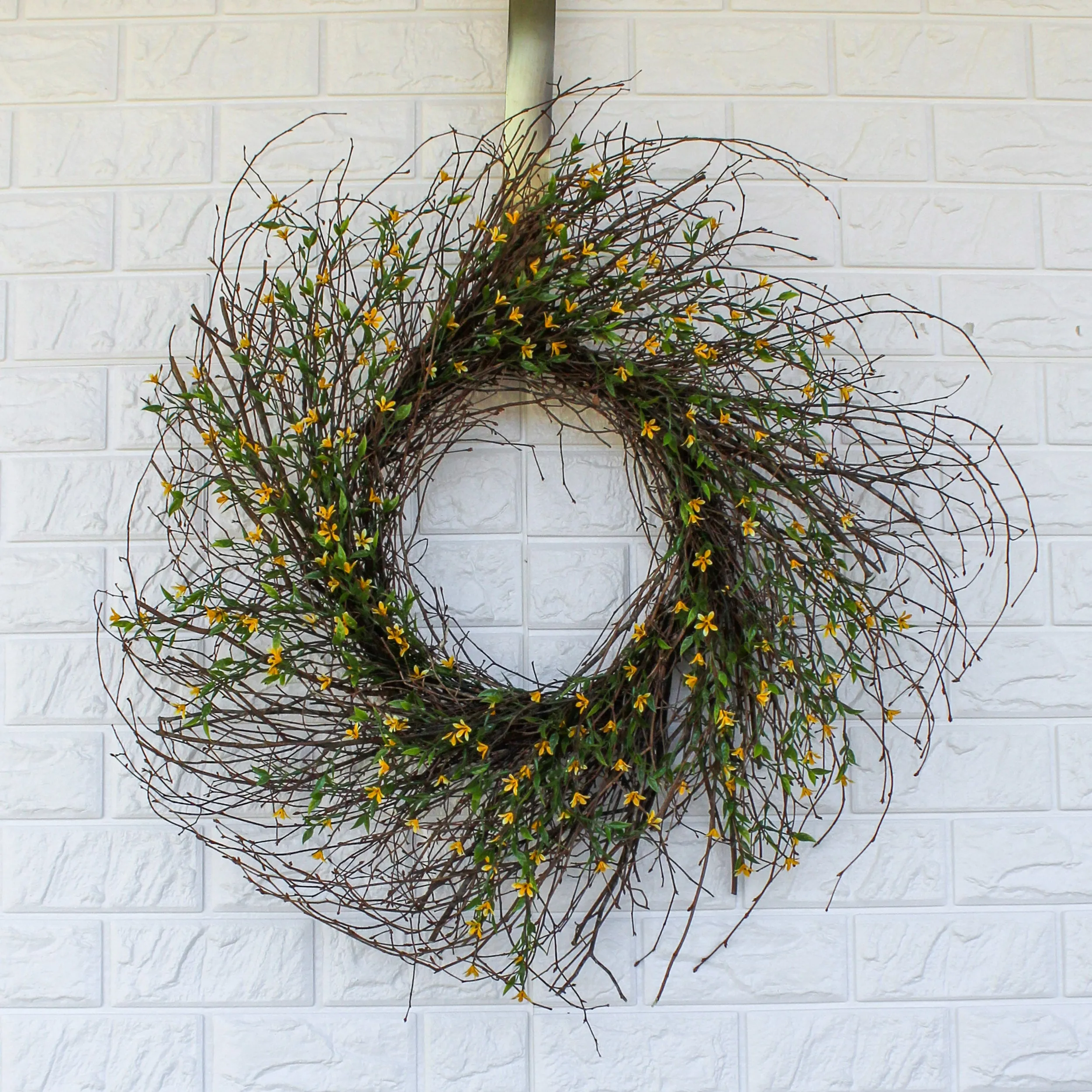 Budding Leaf Branches With Mini Yellow Starflowers On Wispy Twig Base Everyday Spring Wreath