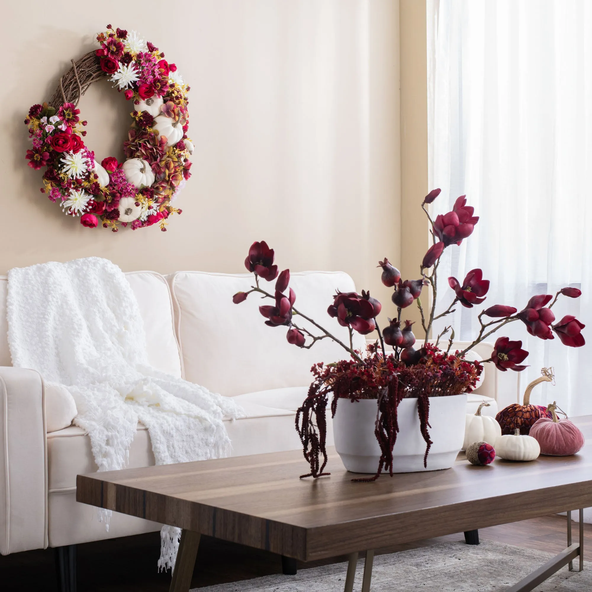 Burgundy Tree Magnolia, Autumn Amaranth & Harvest Red Pomegranate Large Fall Faux Floral Arrangement in White Planter Pot