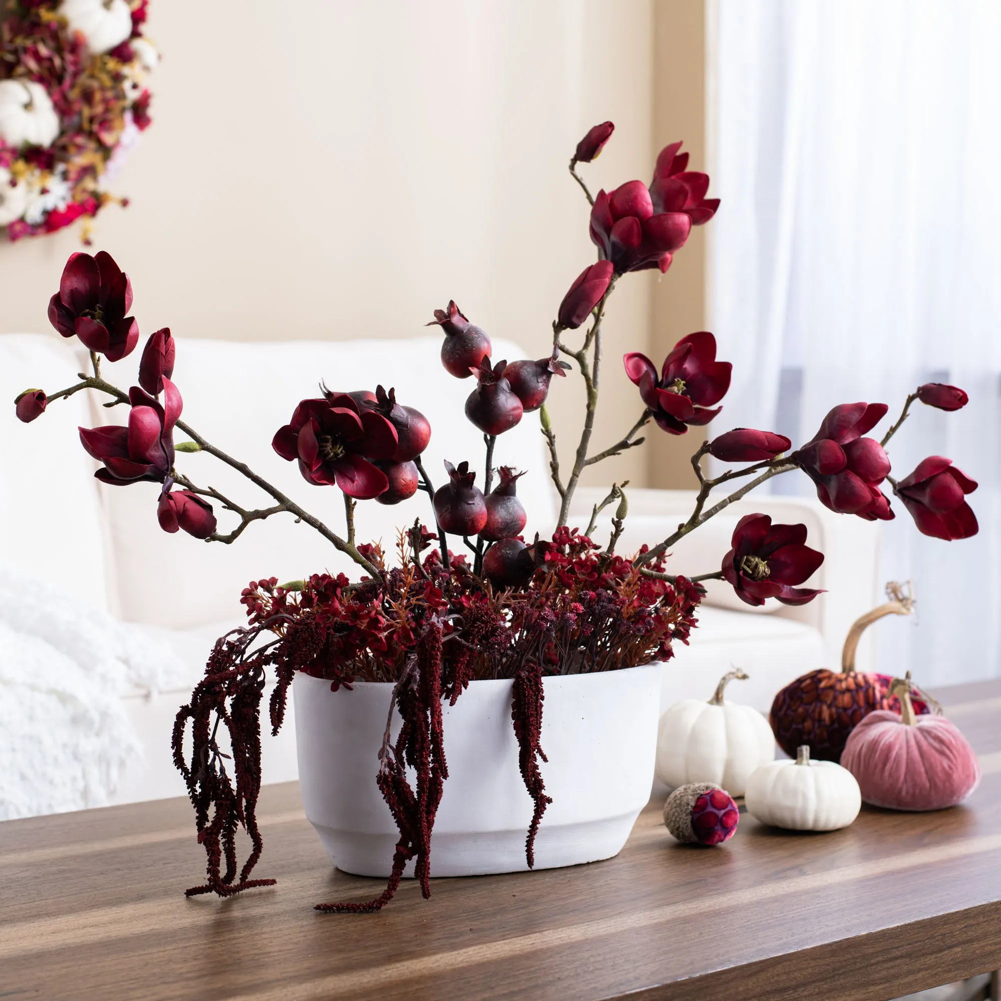 Burgundy Tree Magnolia, Autumn Amaranth & Harvest Red Pomegranate Large Fall Faux Floral Arrangement in White Planter Pot