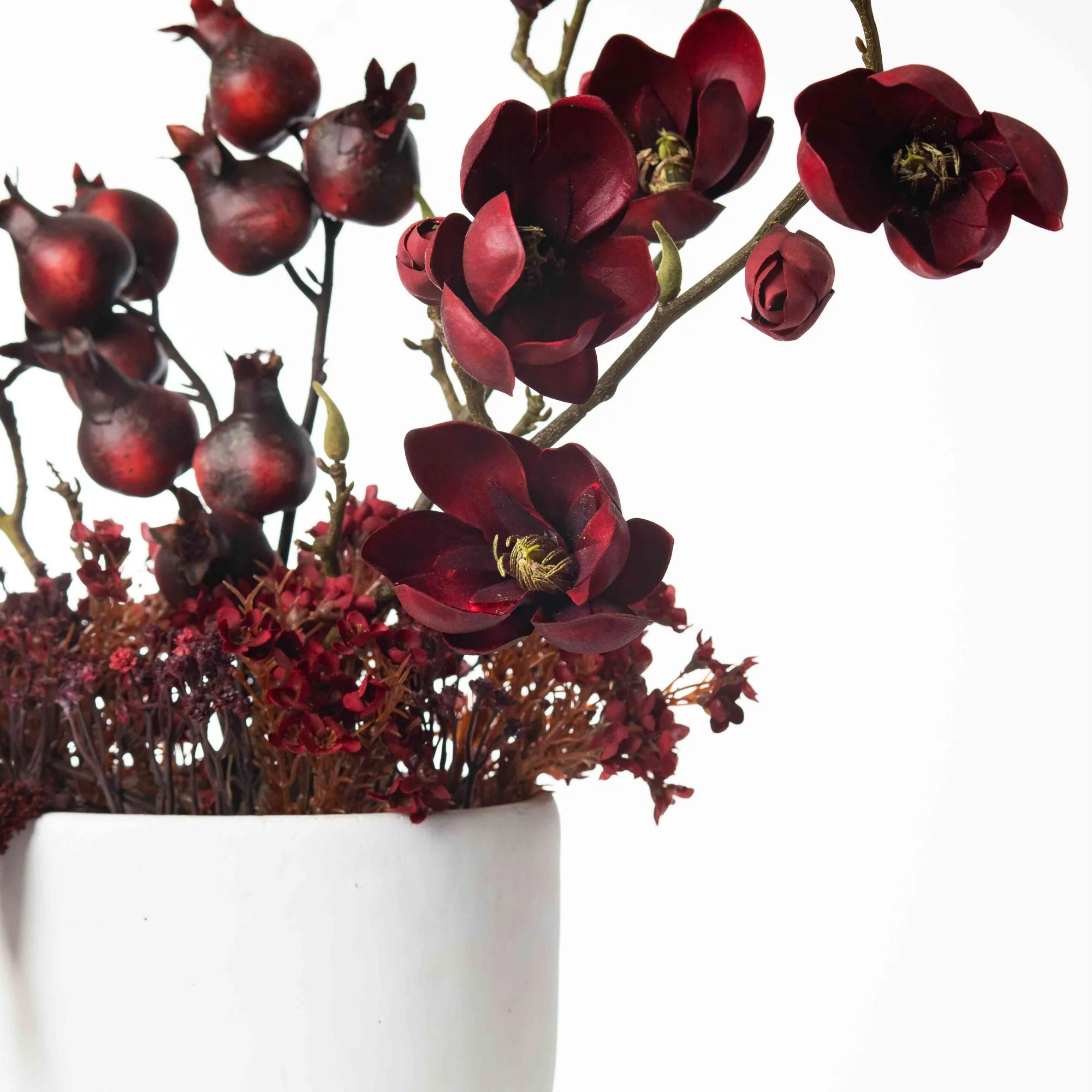 Burgundy Tree Magnolia, Autumn Amaranth & Harvest Red Pomegranate Large Fall Faux Floral Arrangement in White Planter Pot