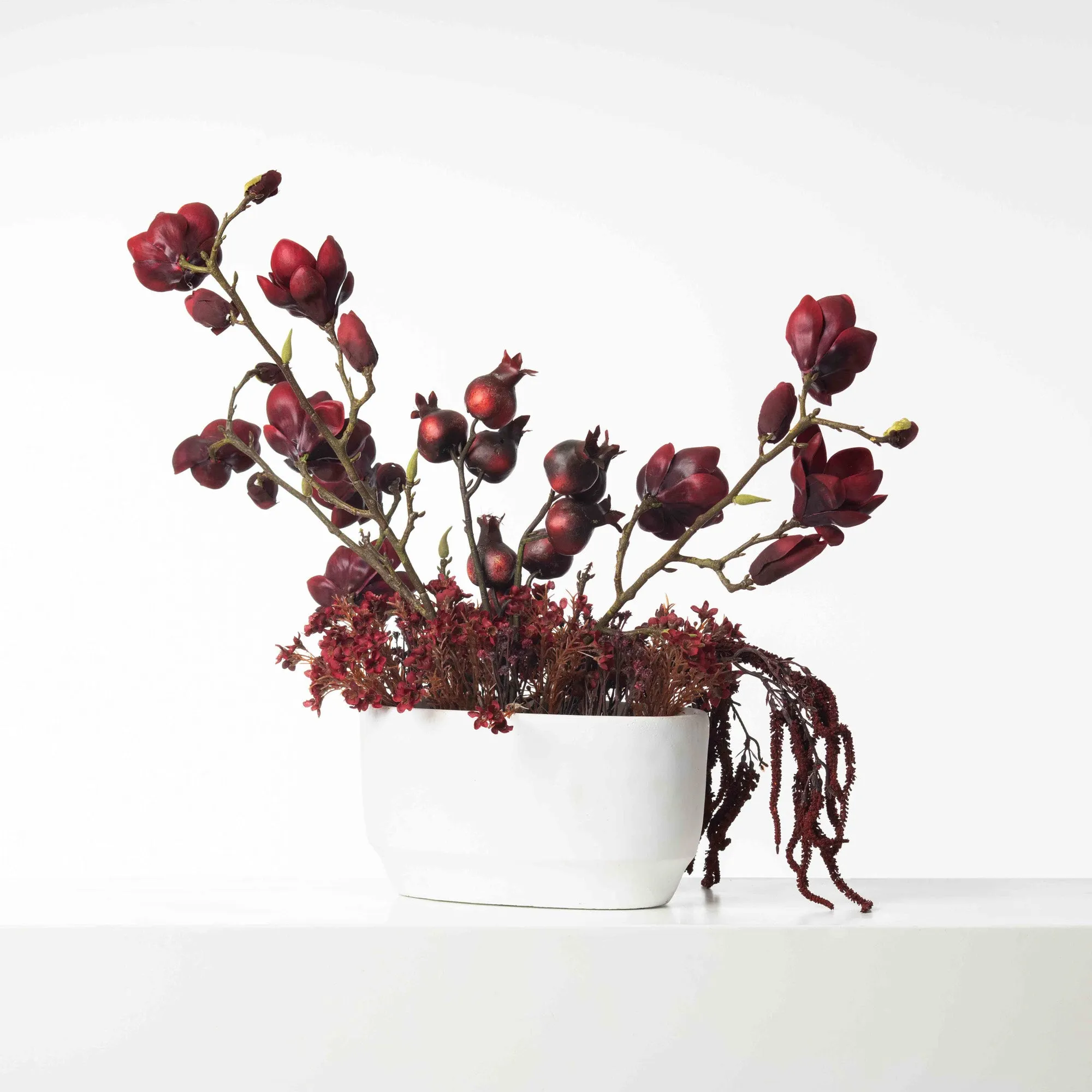 Burgundy Tree Magnolia, Autumn Amaranth & Harvest Red Pomegranate Large Fall Faux Floral Arrangement in White Planter Pot