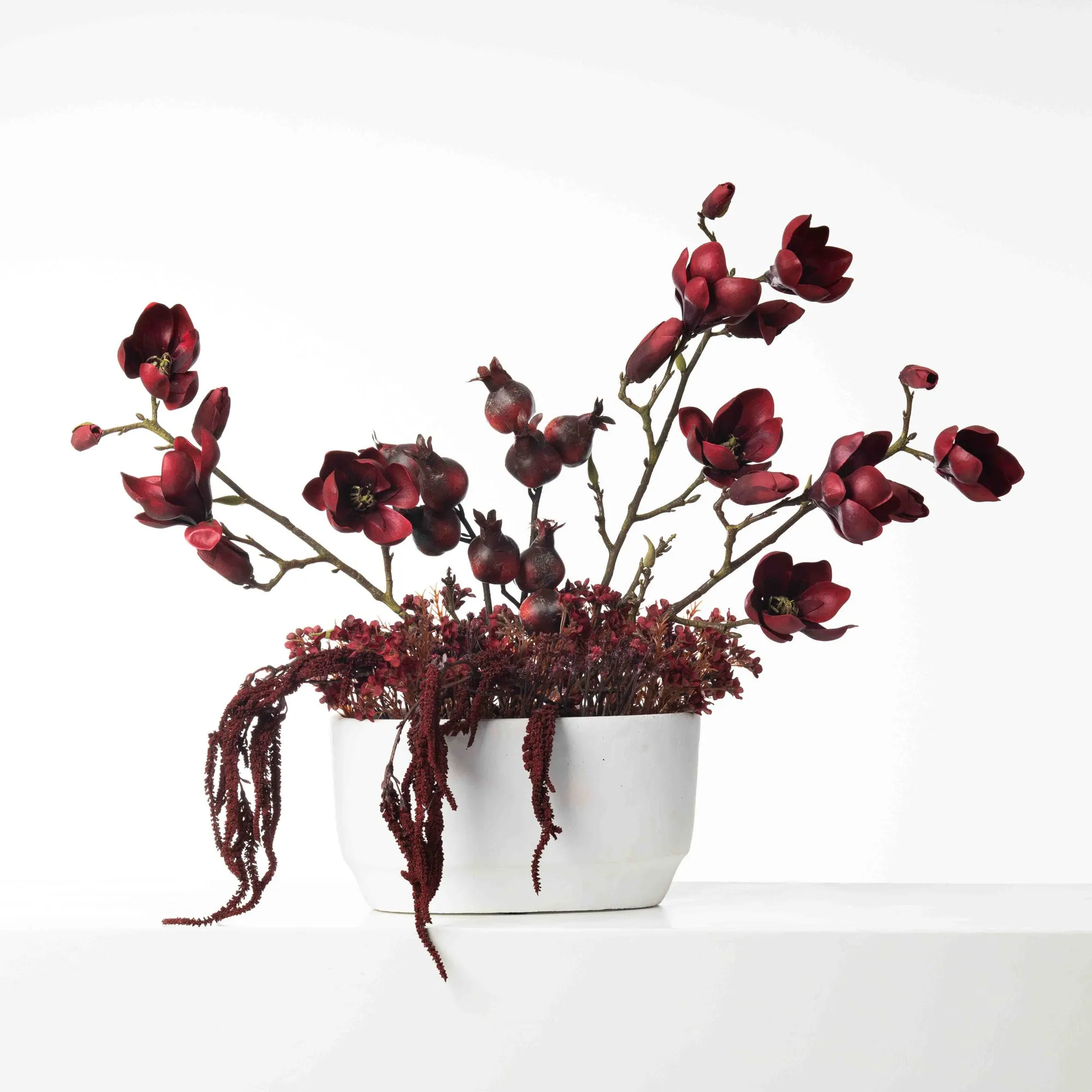 Burgundy Tree Magnolia, Autumn Amaranth & Harvest Red Pomegranate Large Fall Faux Floral Arrangement in White Planter Pot