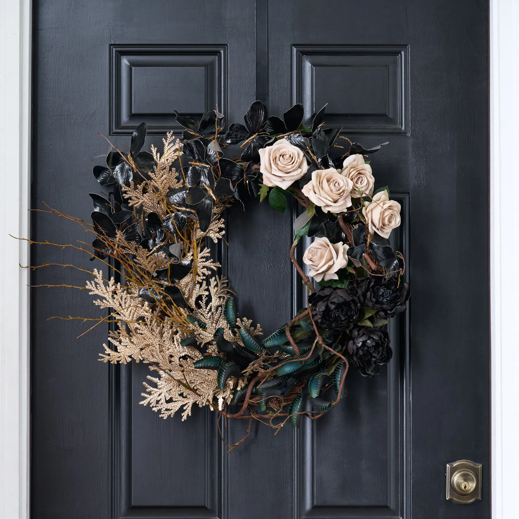 Enchanted Menagerie - Venus Fly Trap, Butterfly with Black Peony & Grey Rose Halloween Decor Front Door Fall Wreath