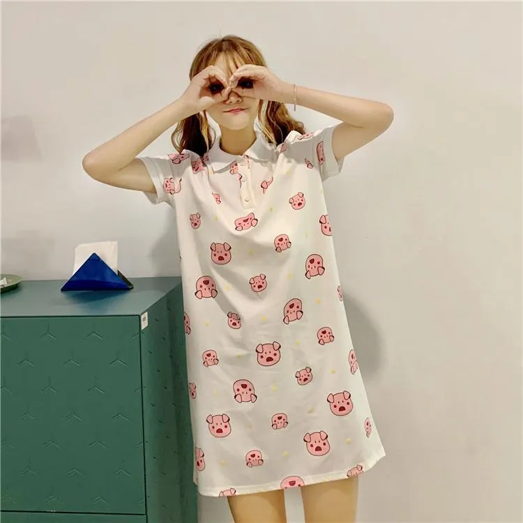 Kawaii Piggy Printed Shirt Dress