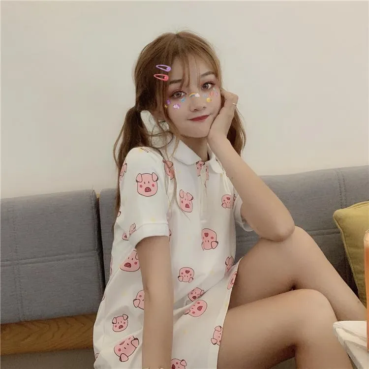 Kawaii Piggy Printed Shirt Dress