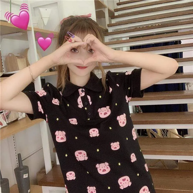 Kawaii Piggy Printed Shirt Dress