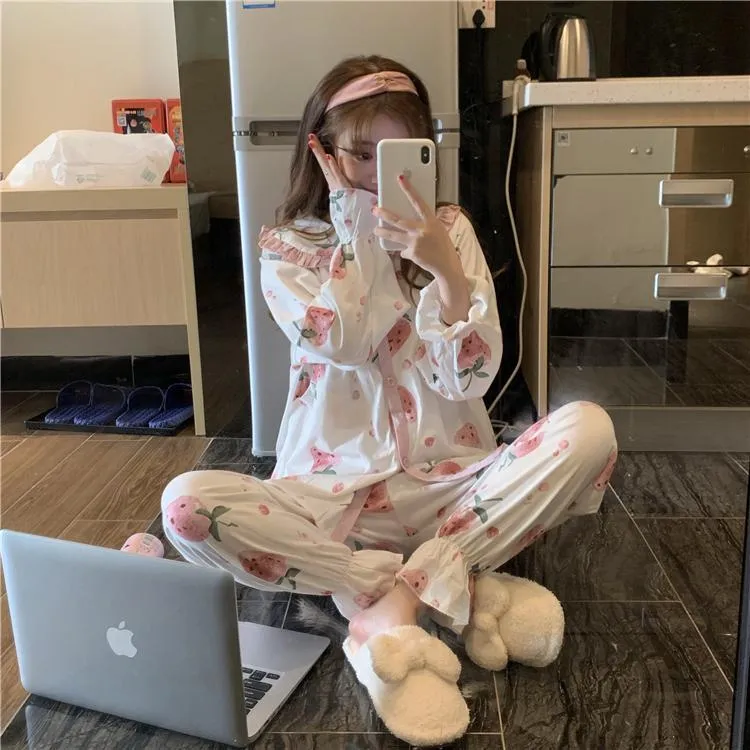 Kawaii Strawberry Printed Flare Sleeved Pajama