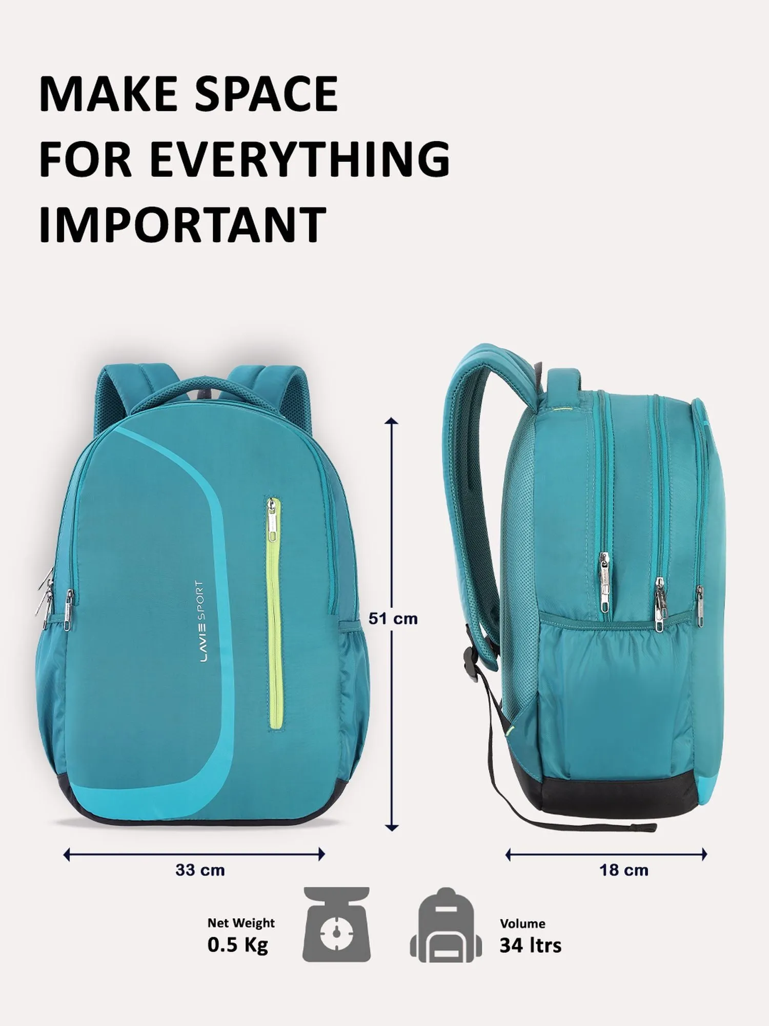 Lavie Sport Zolt X 34L Laptop Backpack For Men & Women | College Bag For Boys & Girls Teal