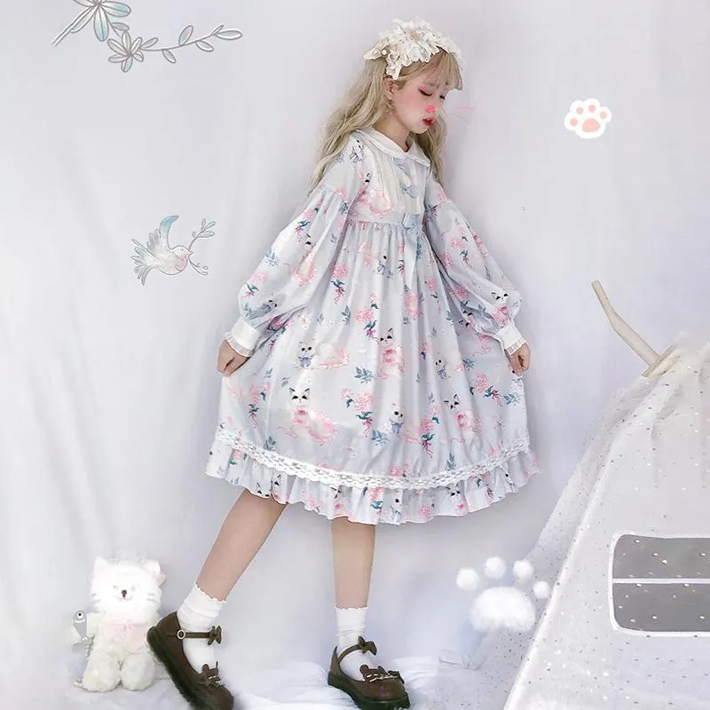 Lolita Cat Printed Ruffles Dress