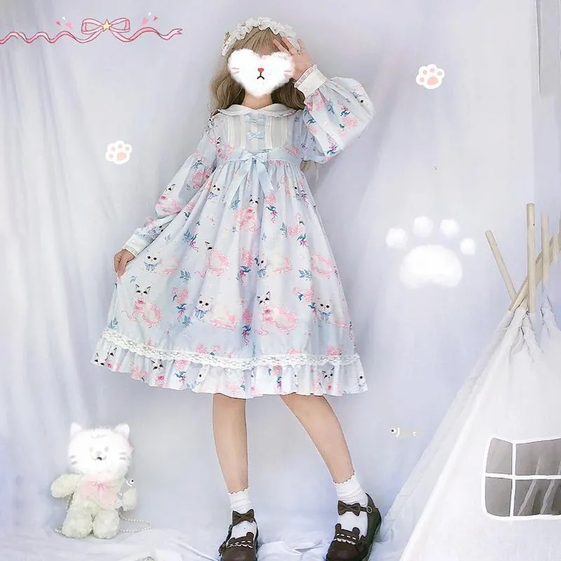 Lolita Cat Printed Ruffles Dress