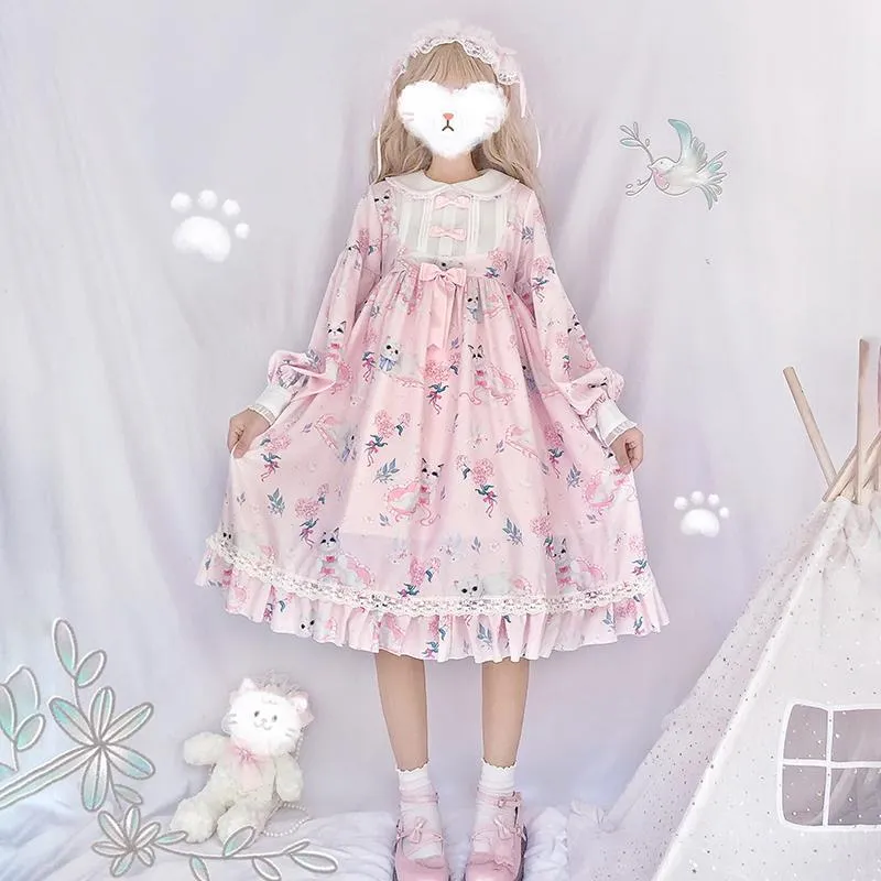 Lolita Cat Printed Ruffles Dress