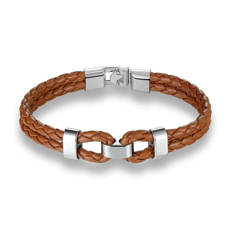 Matte Silver Double Shackle Braided Leather Bracelet