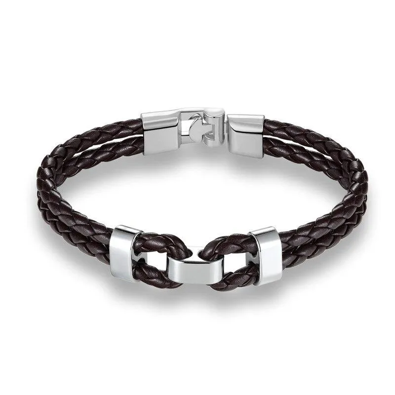 Matte Silver Double Shackle Braided Leather Bracelet