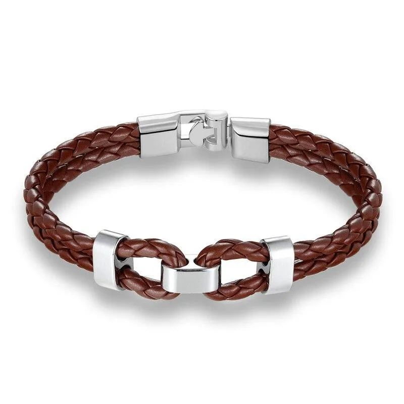 Matte Silver Double Shackle Braided Leather Bracelet