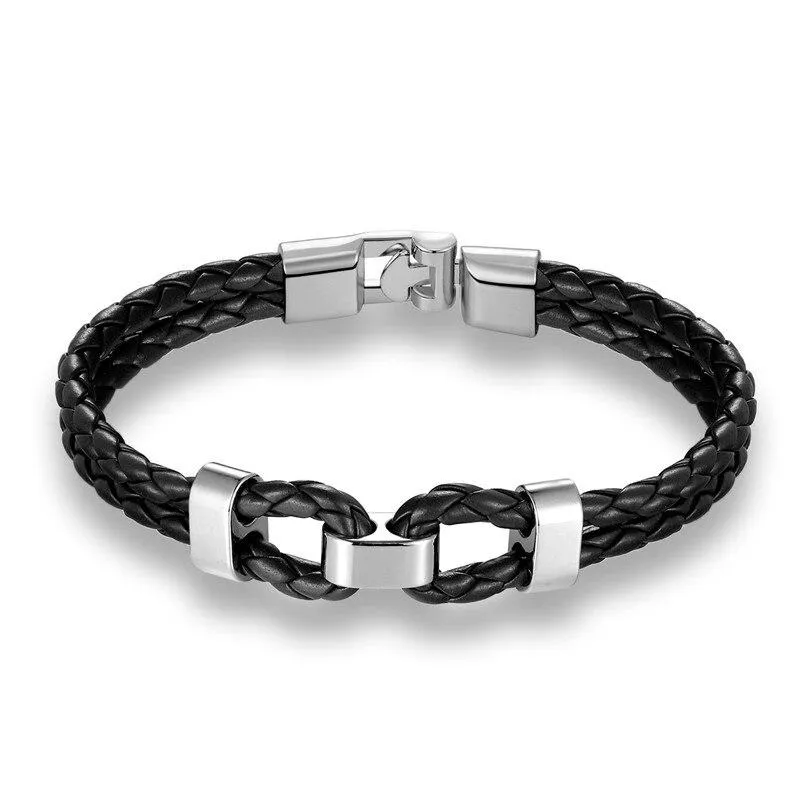 Matte Silver Double Shackle Braided Leather Bracelet