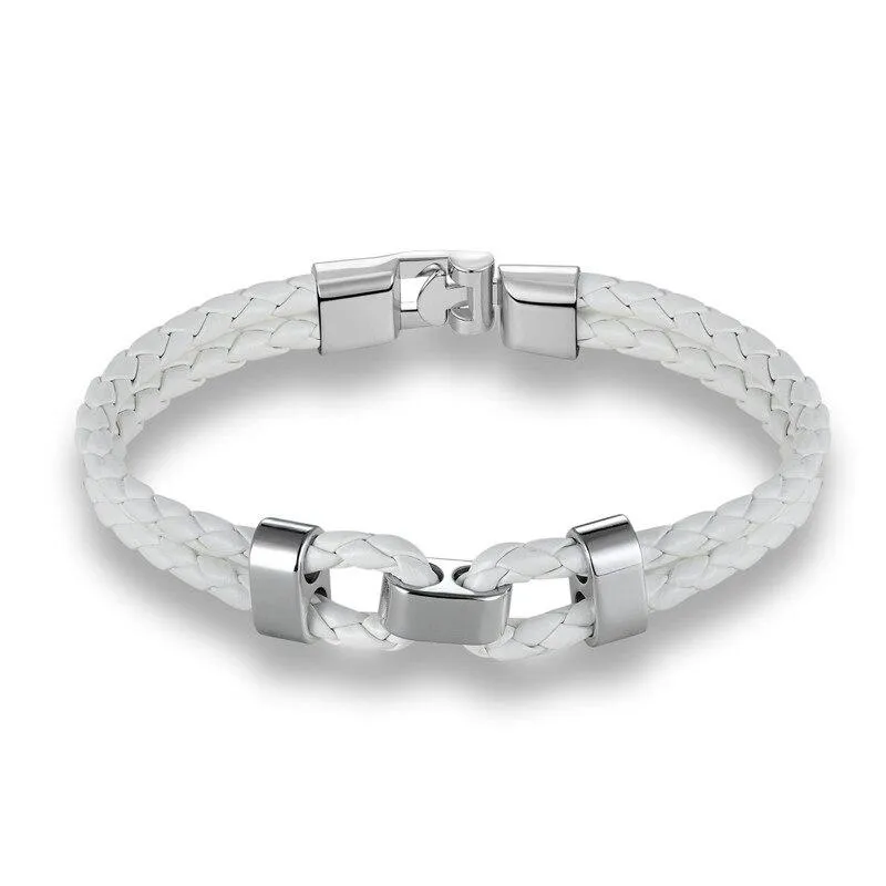 Matte Silver Double Shackle Braided Leather Bracelet